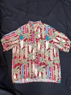 Reyn Spooner Maroon Surfboard & Palm Print Short-Sleeve Hawaiian Shirt Mens Med.